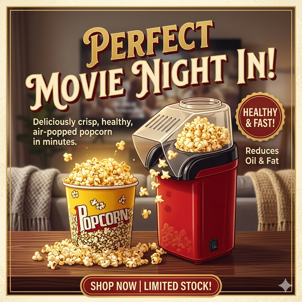 Oil Free Mini Popcorn Maker | 1200W Hot Air Popcorn Machine for Home & Kids | Electric Healthy Popcorn Popper – Nexvorium