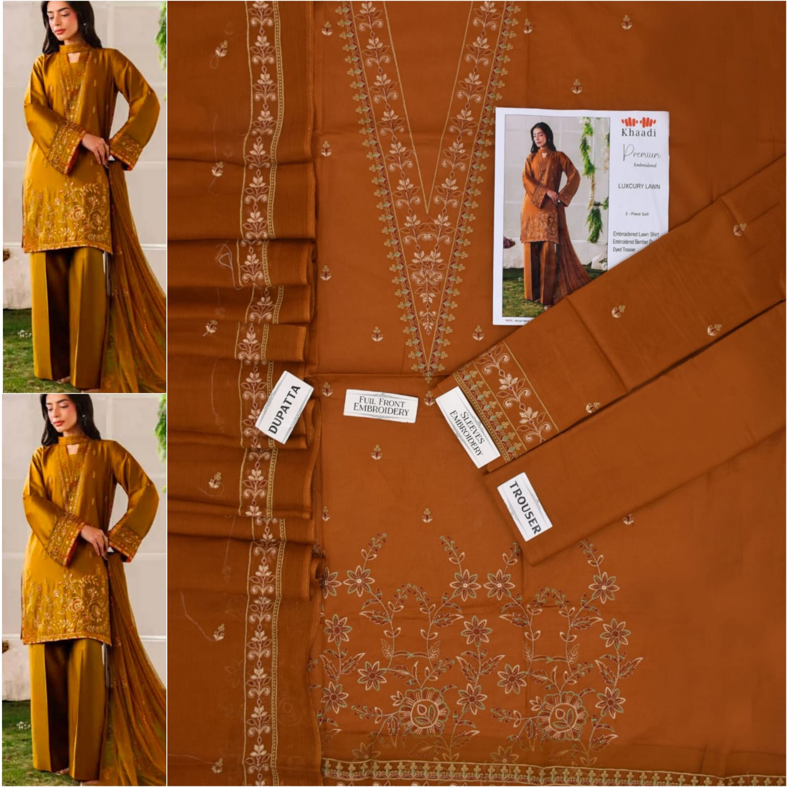 Premium Embroidered Lawn 3-Piece Suit for Women Mustard Brown | Luxury Lawn Collection – Nexvorium