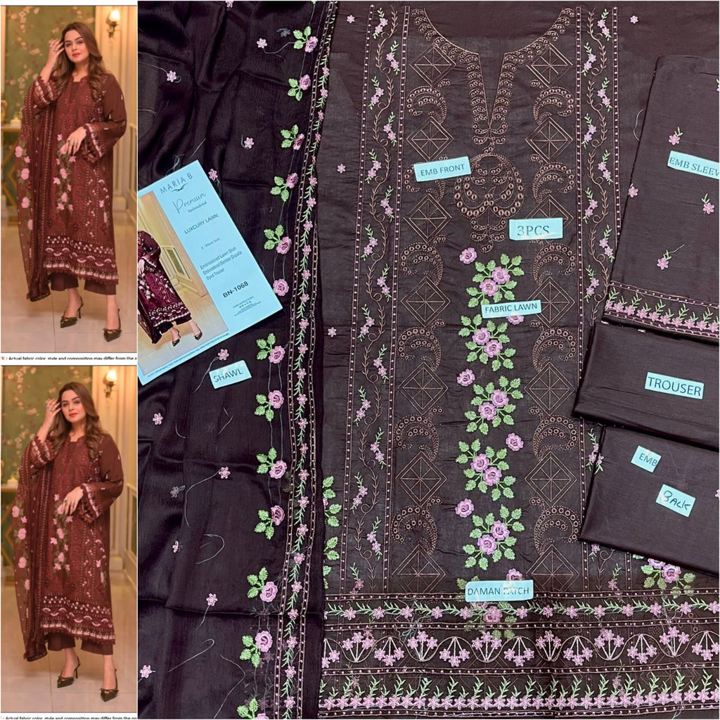 Premium Embroidered Lawn 3-Piece Suit for Women Mustard Brown | Luxury Lawn Collection – Nexvorium