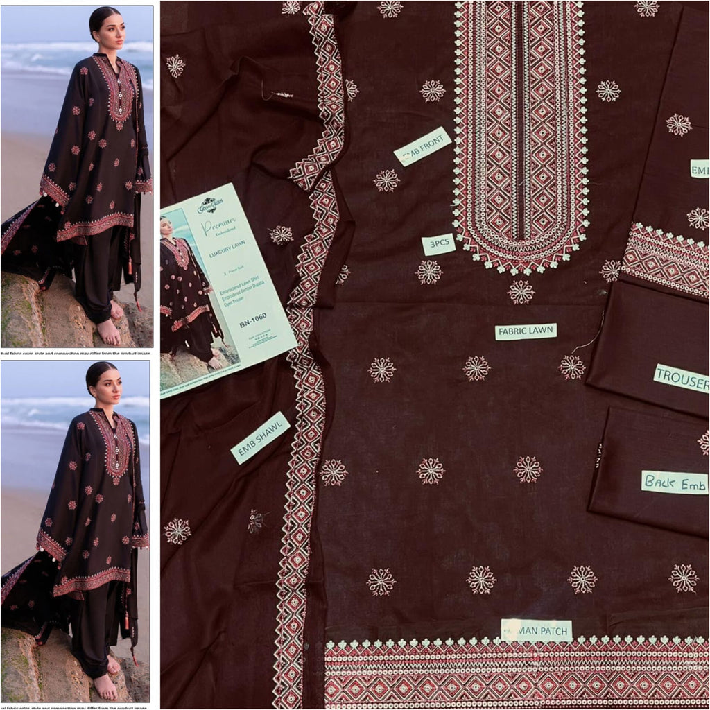 Premium Embroidered Lawn 3-Piece Suit for Women Mustard Brown | Luxury Lawn Collection – Nexvorium
