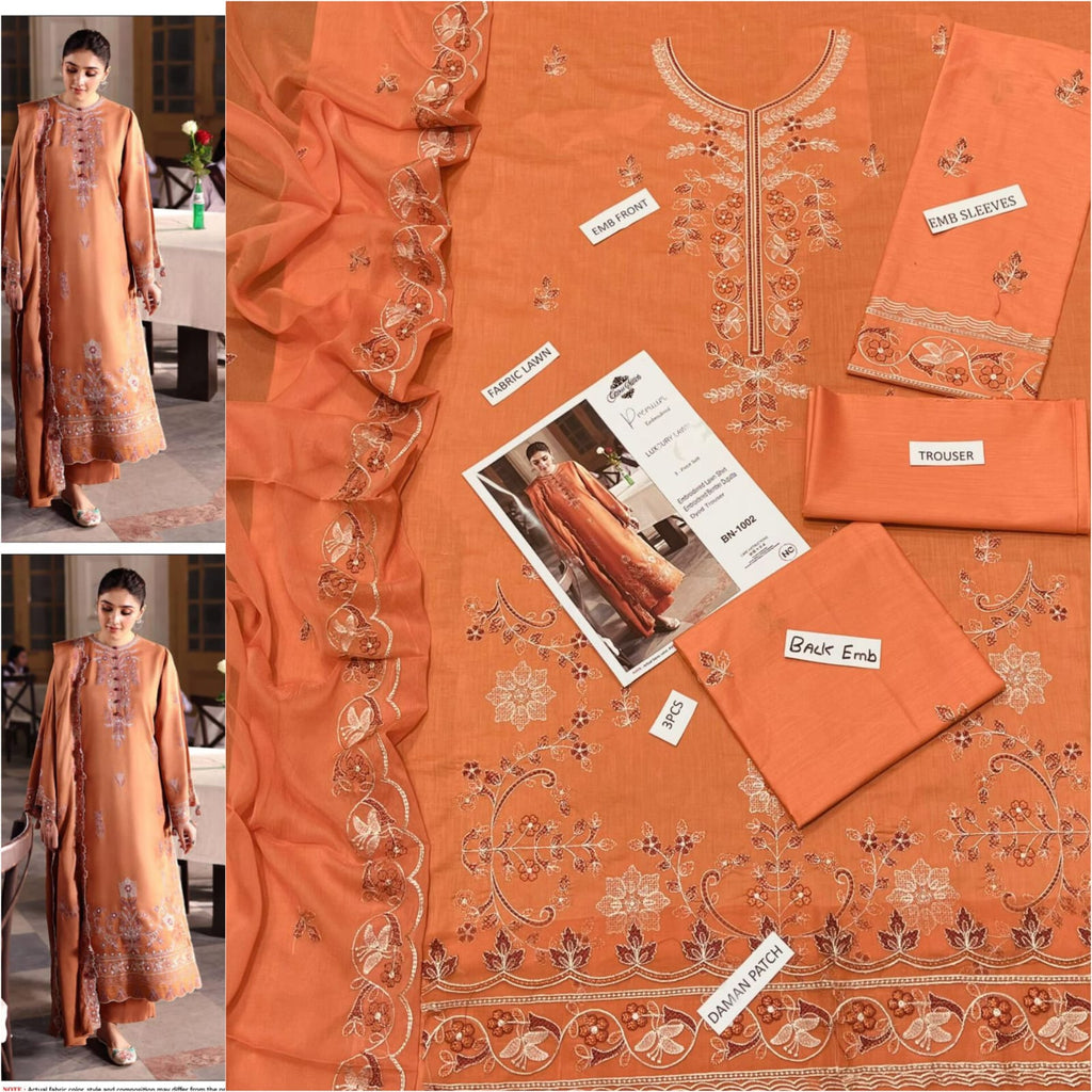 Premium Embroidered Lawn 3-Piece Suit for Women Mustard Brown | Luxury Lawn Collection – Nexvorium
