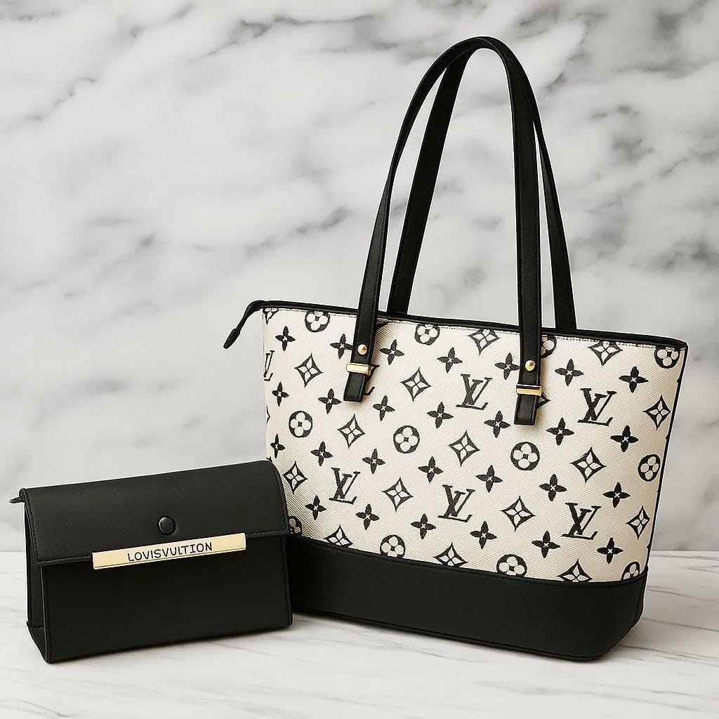 👜 Nexvorium Luxury LV Monogram Handbag Set – Premium White Leather 2 Pcs Designer Tote & Wallet for Women